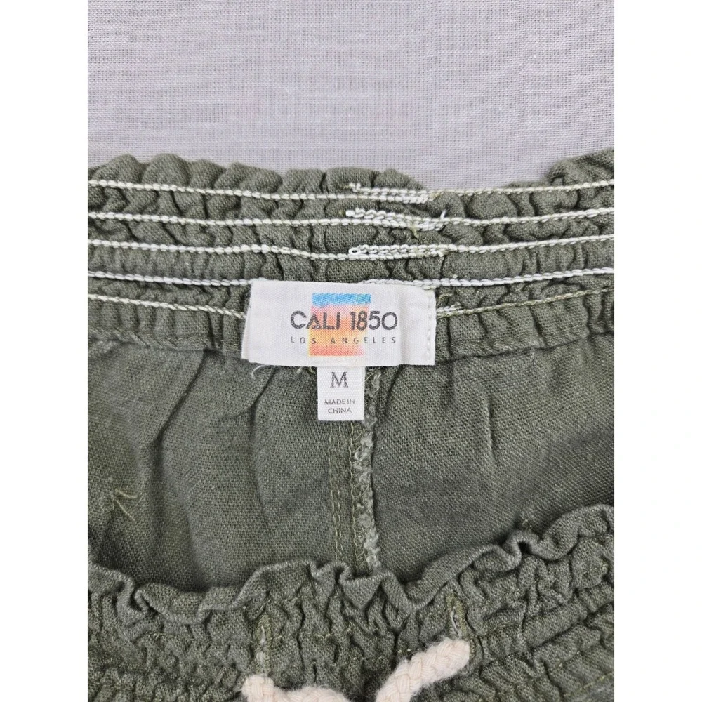 Cali 1850 Womens Medium Olive Green Linen Blend Wide Leg Drawstring Pants 2108 - Picture 2 of 11